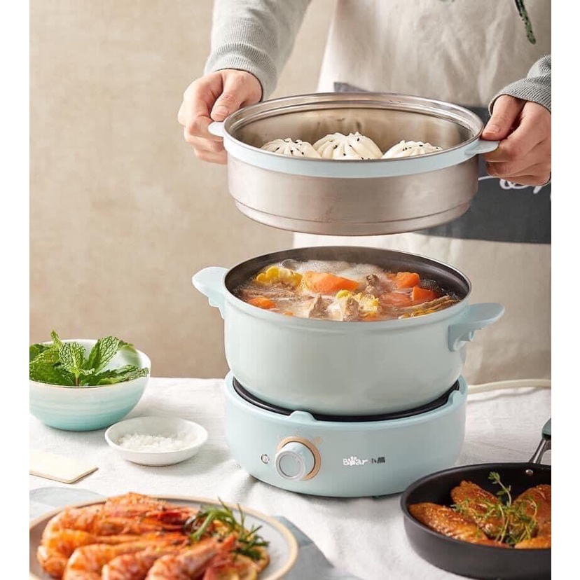 Nồi Điện Đa Năng Bear 3 Tầng Nấu, Hấp, Lẩu Dung Tích 2,5 Lít Kèm Lồng Hấp, chảo (Bảo Hành 12 Tháng)