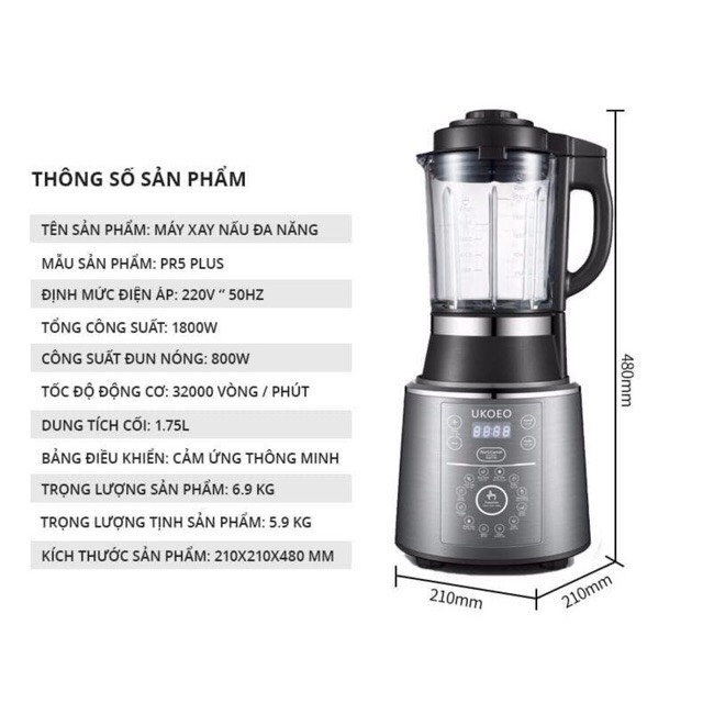 Máy Làm Sữa Hạt UKOEO PR5 Plus, Máy Làm Sữa Hạt UKOEO PR5S - Nắp INOX- Bảo Hành 12 Tháng