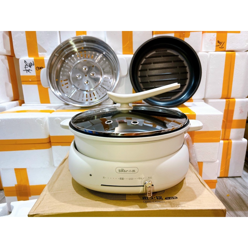(SẴN HÀNG) Nồi lẩu-nướng Bear 3 in 1 kèm khay hấp-  -Bh 12 tháng ..
