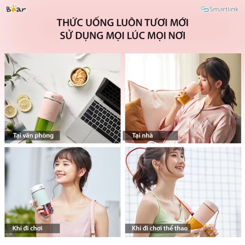 Máy Xay Sinh Tố cầm tay mini tích điện Bear LLJ-P03H1, Cốc xay sinh tố,hoa quả,cầm tay đa năng -Sạc Pin, Dung Tích 400ML