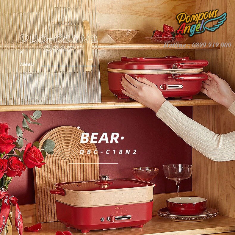 Bếp điện đa năng cao cấp 3 khay tháo rời (nướng,lẩu, hấp) BEAR DBC-C18N2 màu đỏ full bộ bảo hành 12 tháng