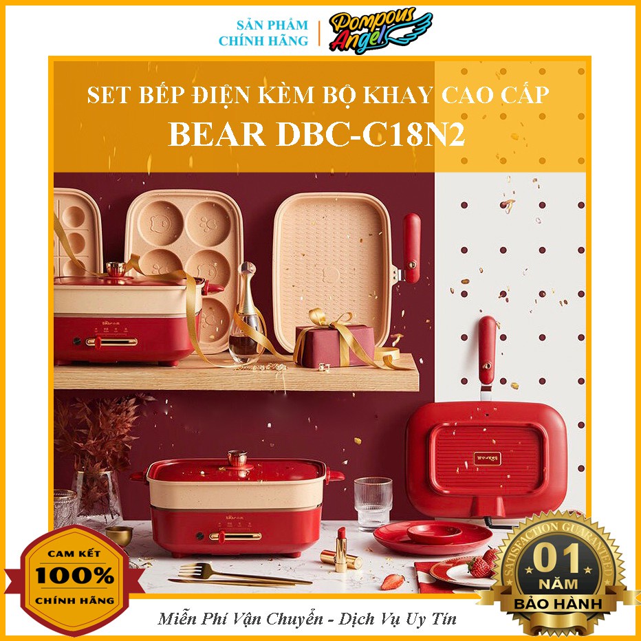 Bếp điện đa năng cao cấp 3 khay tháo rời (nướng,lẩu, hấp) BEAR DBC-C18N2 màu đỏ full bộ bảo hành 12 tháng