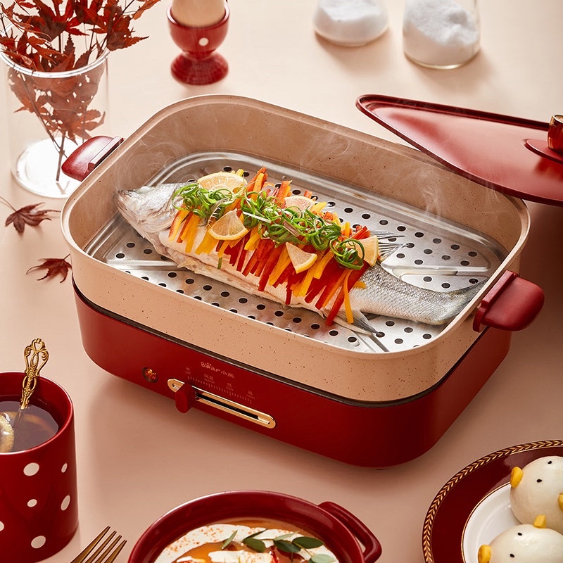 Bếp điện đa năng cao cấp 3 khay tháo rời (nướng,lẩu, hấp) BEAR DBC-C18N2 màu đỏ full bộ bảo hành 12 tháng