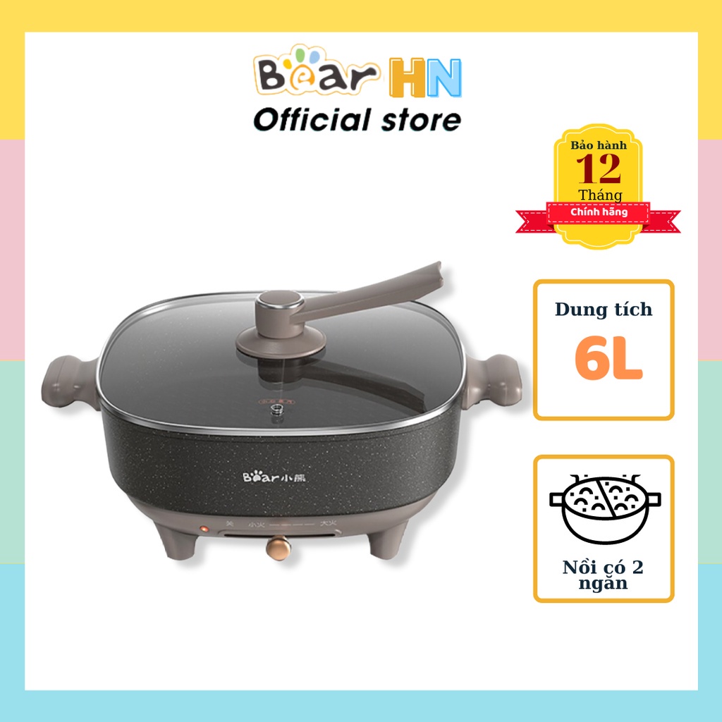 Nồi lẩu điện đa năng Bear DHG-C60-F2 thanh gạt thế hệ mới, chế độ tự ngắt khi hết nước, 3 mức nhiệt tiện lợi