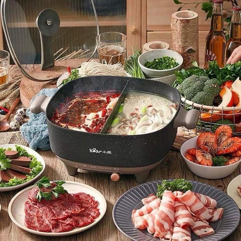 Nồi lẩu điện đa năng Bear DHG-C60-F2 thanh gạt thế hệ mới, chế độ tự ngắt khi hết nước, 3 mức nhiệt tiện lợi