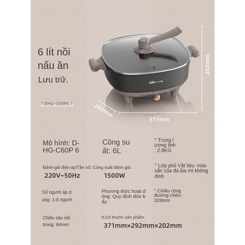 Nồi lẩu điện đa năng Bear DHG-C60-F2 thanh gạt thế hệ mới, chế độ tự ngắt khi hết nước, 3 mức nhiệt tiện lợi