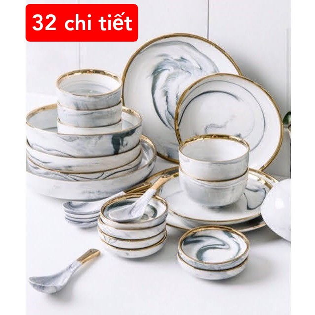 Bộ bát đĩa vân đá26 món viền vàng sang trọng, phong cách Châu Âu,thích hợp dùng trong bữa cơm gia đình và nhà hàng