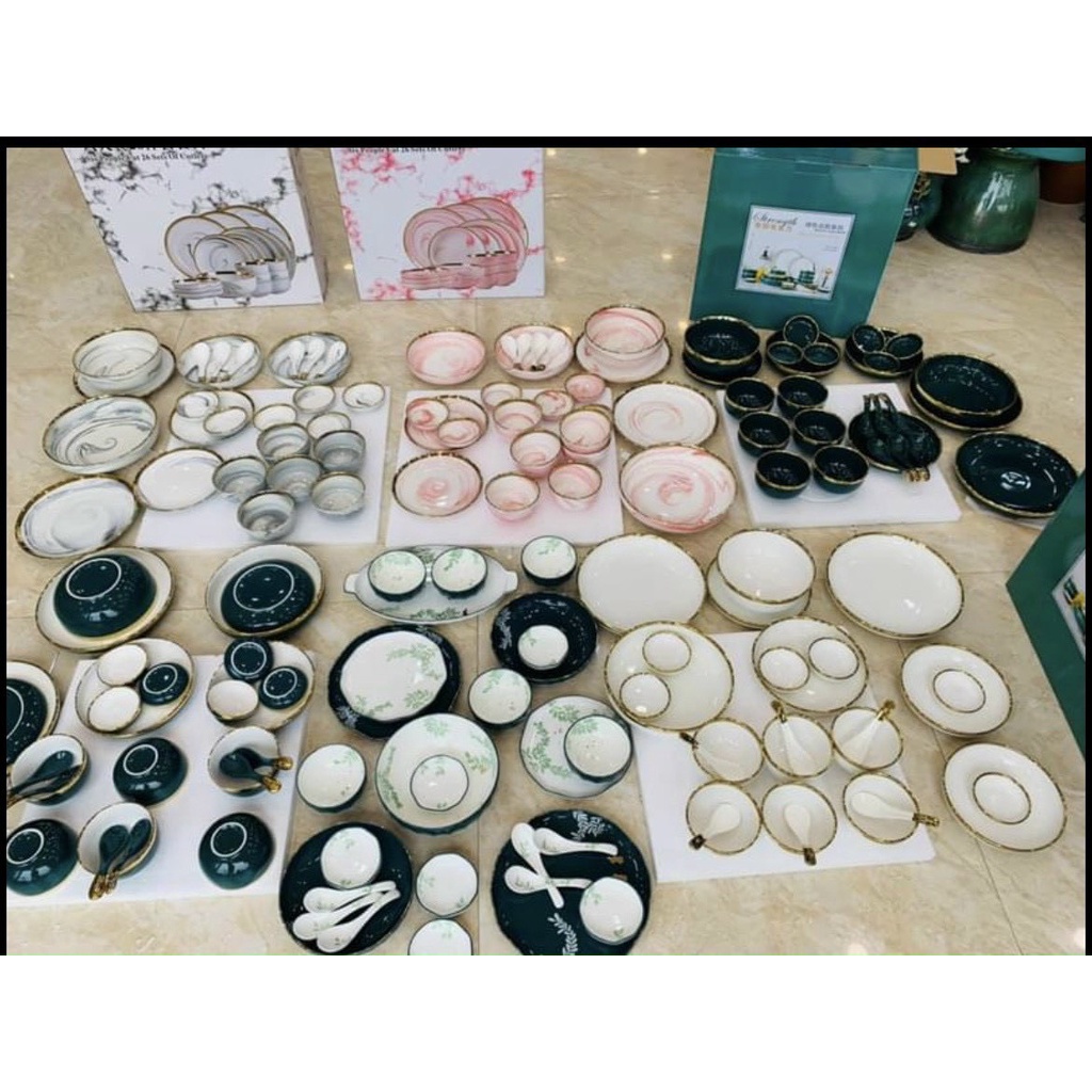 Bộ bát đĩa vân đá26 món viền vàng sang trọng, phong cách Châu Âu,thích hợp dùng trong bữa cơm gia đình và nhà hàng