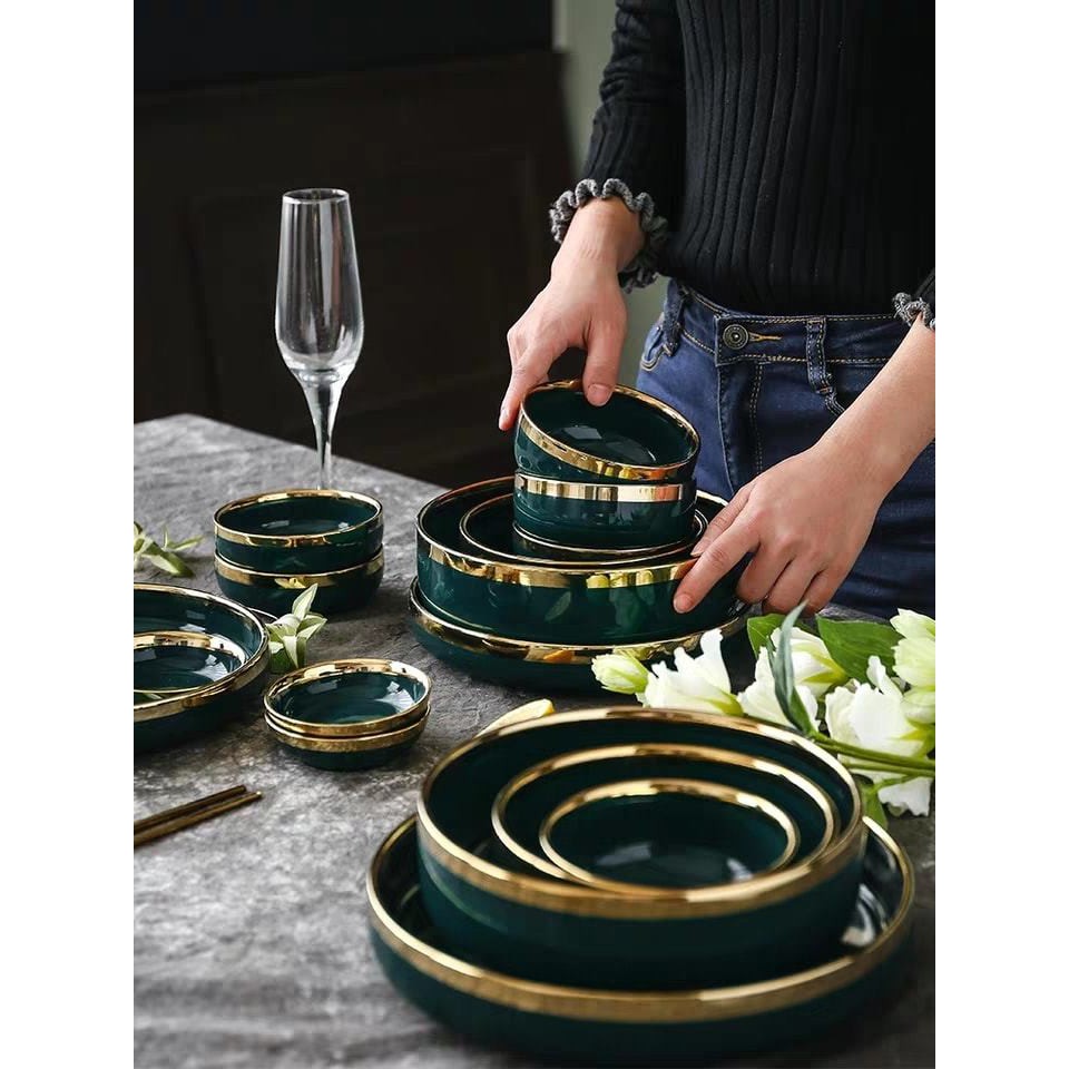 BỘ BÁT ĐĨA XANH CỔ VỊT VIỀN VÀNG 28 MÓN phong cách Châu Âu cực sang trọng,