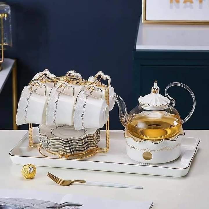 Bộ ấm chén sứ xương kèm khay ♥️𝘾𝘼𝙊 𝘾𝘼̂́𝙋♥️, bộ tách trà sứ xương phong cách hoàng gia có đế hâm nóng