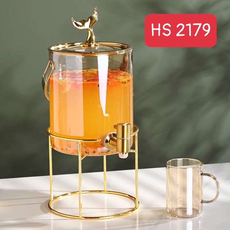 Bình thủy tinh đựng nước chịu nhiệt cao cấp mạ vàng, có vòi rót nước, đế kim loại không gỉ, đựng nước uống, trái cây0