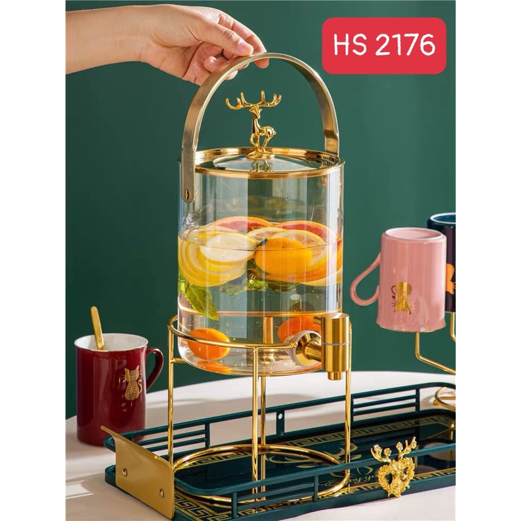 Bình thủy tinh đựng nước chịu nhiệt cao cấp mạ vàng, có vòi rót nước, đế kim loại không gỉ, đựng nước uống, trái cây0