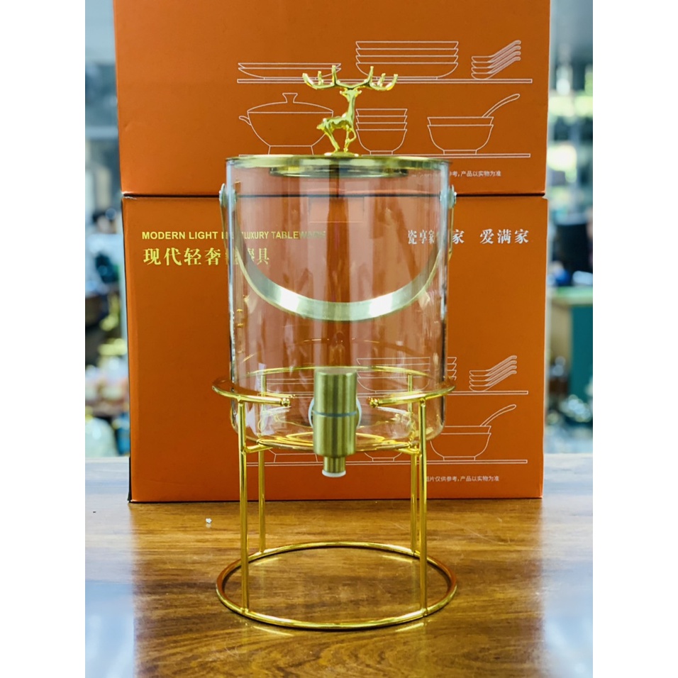 Bình thủy tinh đựng nước chịu nhiệt cao cấp mạ vàng, có vòi rót nước, đế kim loại không gỉ, đựng nước uống, trái cây0
