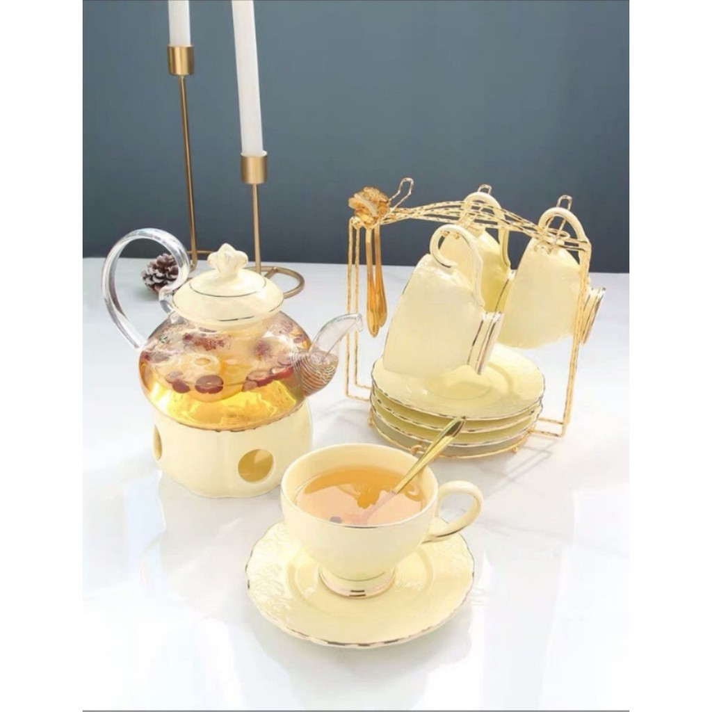 Bộ ấm trà gốm sứ vân đá TRẮNG, VÂN VEO ĐẸP, viền vàng tinh tế cao cấp sang trọng.