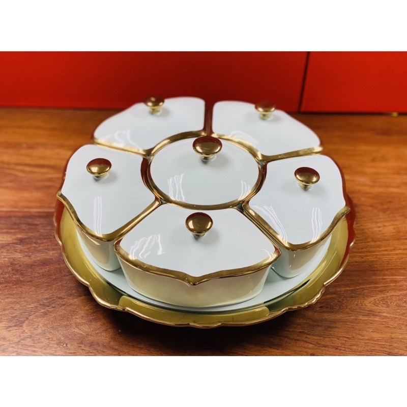 Bộ khay sứ đựng bánh mứt kẹo cao cấp ngôi sao xanh, trắng, thích hợp dùng trong ngày lễ tết, các buổi tiệc