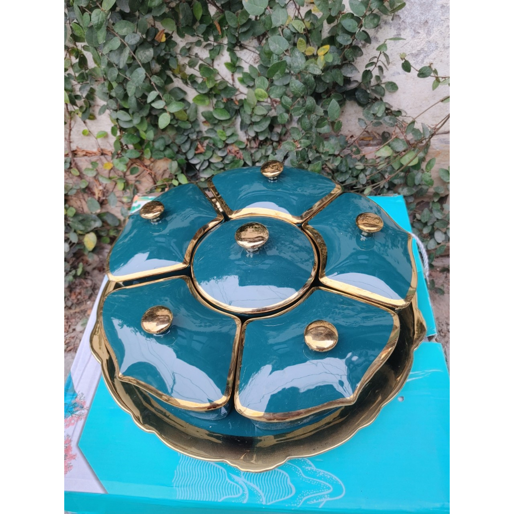 Bộ khay sứ đựng bánh mứt kẹo cao cấp ngôi sao xanh, trắng, thích hợp dùng trong ngày lễ tết, các buổi tiệc