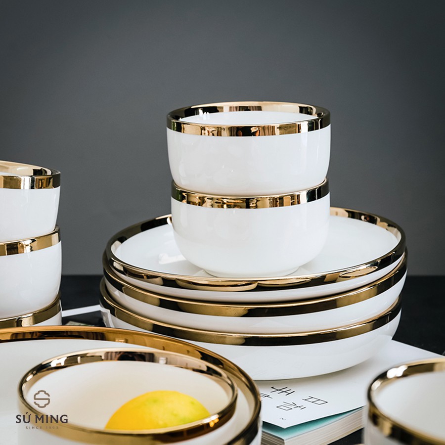 Bộ Bát Đĩa Sứ Màu Trắng [BẮC ÂU] [CAO CẤP] sang trọng, viền vàng 24k, tặng 1 bộ đũa hàn quốc , hàng loại 1 sáng bóng