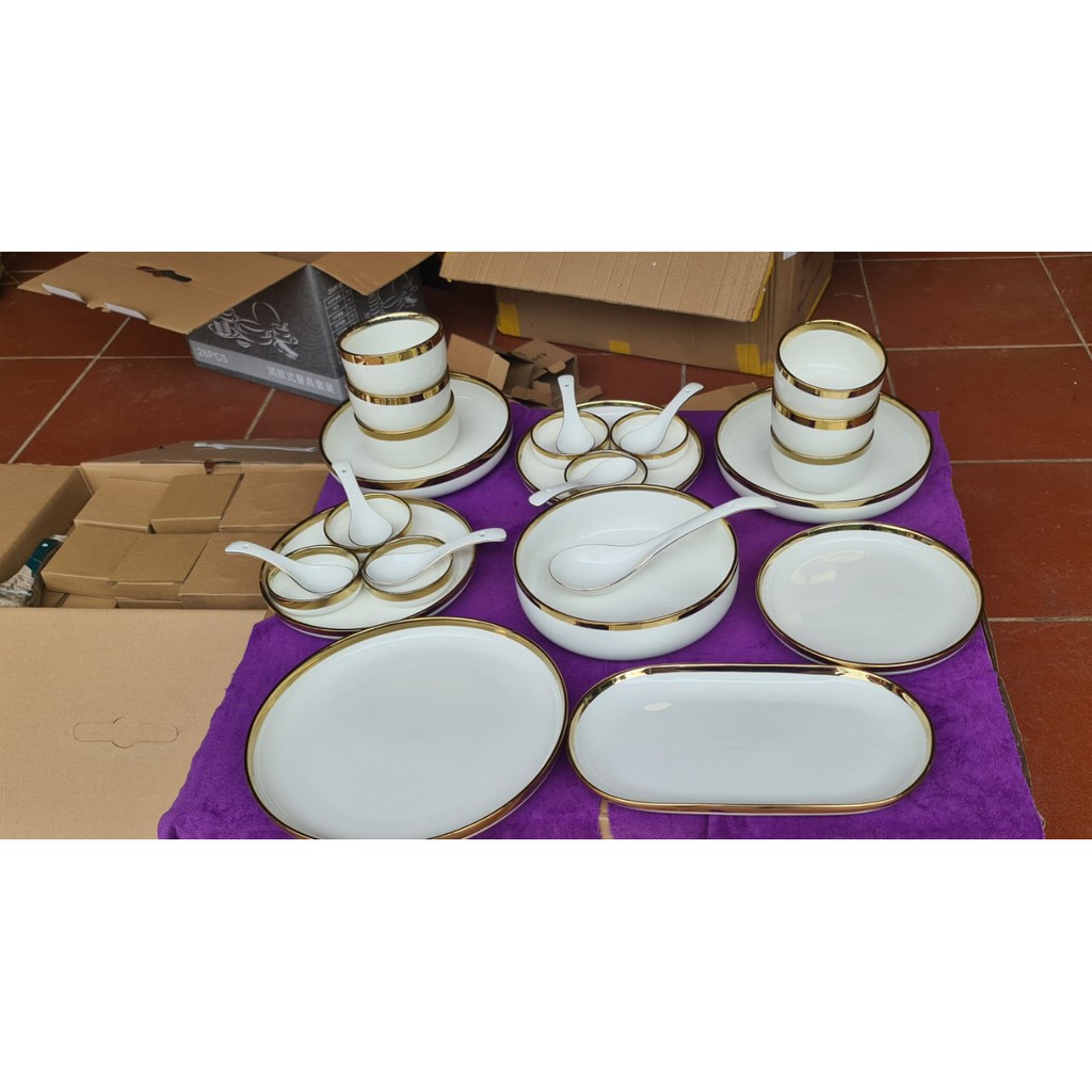 Bộ Bát Đĩa Sứ Màu Trắng [BẮC ÂU] [CAO CẤP] sang trọng, viền vàng 24k, tặng 1 bộ đũa hàn quốc , hàng loại 1 sáng bóng