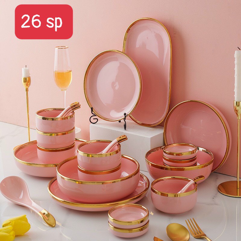 Bộ bát đĩa 32 món vân đá cẩm thạch trắng hồng viền vàng cao cấp SANG TRỌNG, PHONG CÁCH CHẤU ÂU. DÙNG TIỆC GIA ĐÌNH