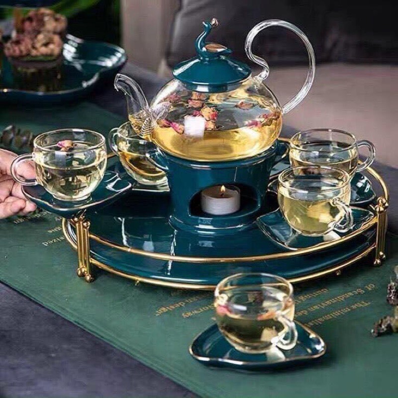 [Hàng cao cấp]Bộ ấm trà chiều sang chảnh có khay sứ kèm đế nến