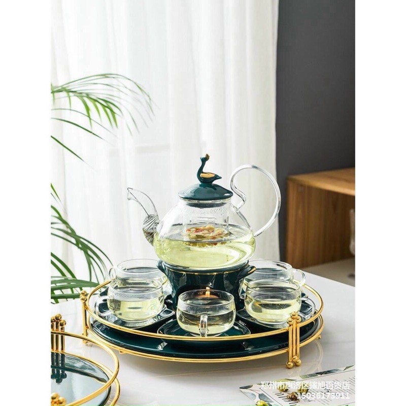 [Hàng cao cấp]Bộ ấm trà chiều sang chảnh có khay sứ kèm đế nến