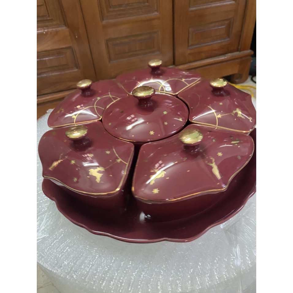 Khay mứt sứ Bắc Âu trắng cao cấp 6 ngăn tiện lợi có đế xoay 360 độ