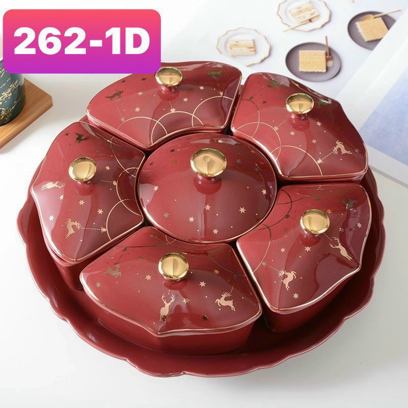 Khay mứt sứ Bắc Âu trắng cao cấp 6 ngăn tiện lợi có đế xoay 360 độ