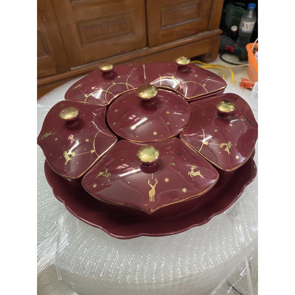 Khay mứt sứ Bắc Âu trắng cao cấp 6 ngăn tiện lợi có đế xoay 360 độ