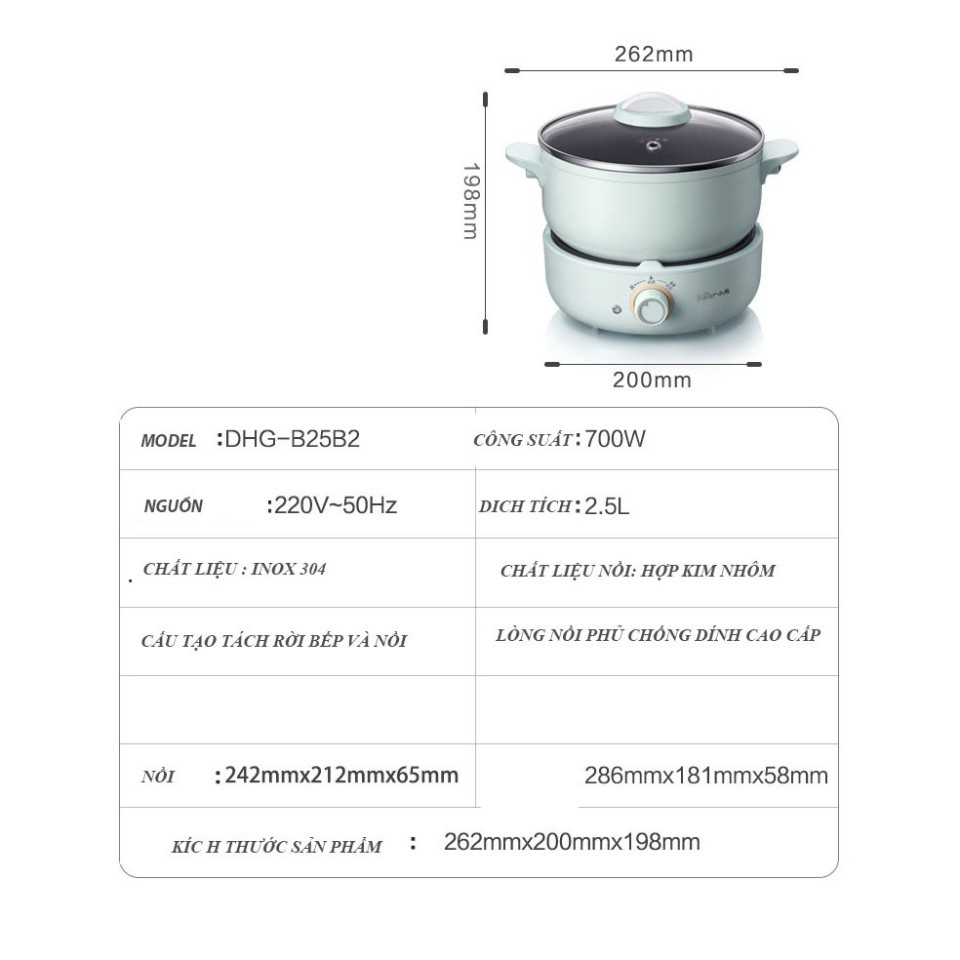 [Có sẵn] Nồi Điện, nấu , hấp, , hầm đa Năng 3 tầng Bear DHG-B25Z1 (2.5L)