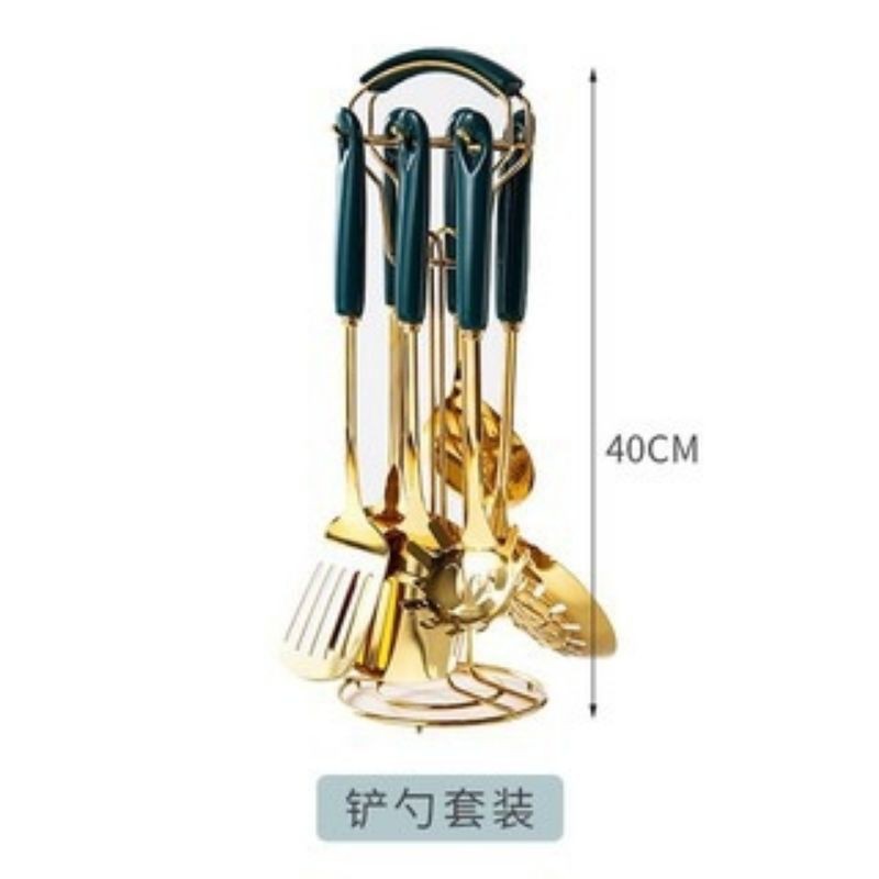 (TẶNG KÈM MÓC KHOÁ DỄ THƯƠNG) BỘ MUÔI, THÌA... ĐẢO ĐỒ ĂN mạ vàng xanh cổ vịt cao cấp cho bếp ăn của bạn sang trọng.