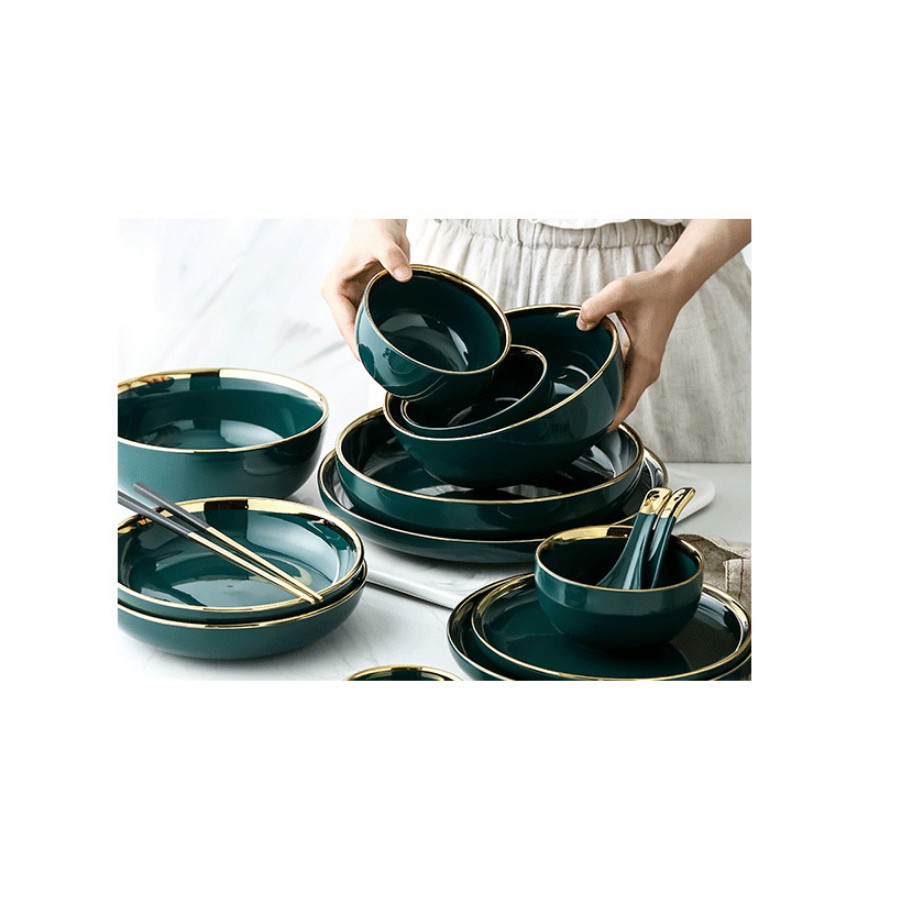 Bộ Bát Đĩa Gốm Sứ Cao Cấp Xanh viền vàng 32 CHI TẾT Bộ Đồ Ăn Phong Cách Châu Âu Dùng Tiệc,Hộ Gia Đình,Nhà Hàng Khách Sạn