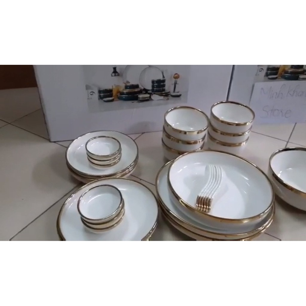 Bộ Bát Đĩa Gốm Sứ Cao Cấp Xanh viền vàng 32 CHI TẾT Bộ Đồ Ăn Phong Cách Châu Âu Dùng Tiệc,Hộ Gia Đình,Nhà Hàng Khách Sạn