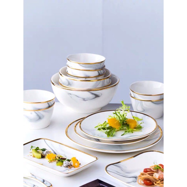 Bộ bát đĩa vân đá 32 món viền vàng sang trọng, phong cách Châu Âu,thích hợp dùng trong bữa cơm gia đình và nhà hàng