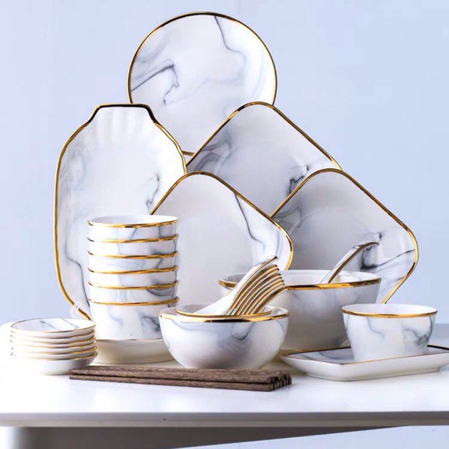 Bộ bát đĩa vân đá 32 món viền vàng sang trọng, phong cách Châu Âu,thích hợp dùng trong bữa cơm gia đình và nhà hàng