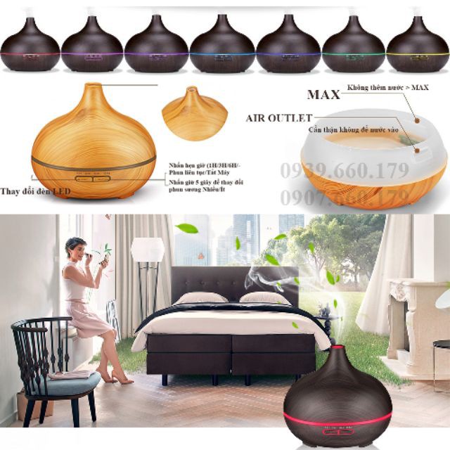 Máy xông tinh dầu , máy khuếch tán tinh dầu cổ cao vân gỗ tối - sáng  550ml với 7 màu đèn led rất đẹp làm đèn ng