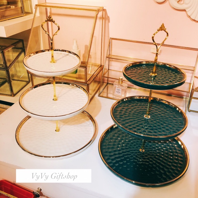 [SẴN HÀNG CAO CẤP] Khay sứ đựng bánh mứt kẹo trái cây Tết 2 tầng/ 3 tầng viền vàng