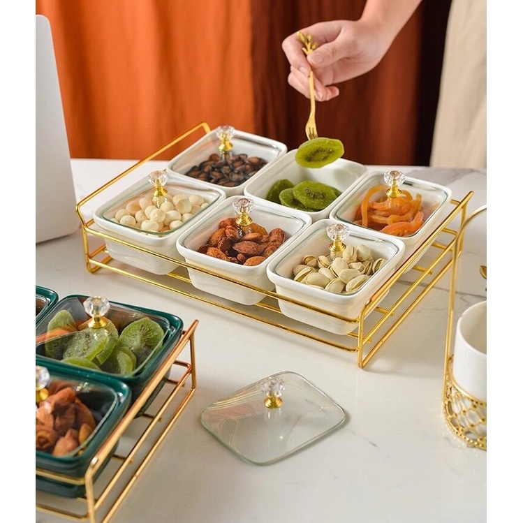 Khay mứt sứ nắp kính kết hợp đế gỗ đơn giản - hiện đại
