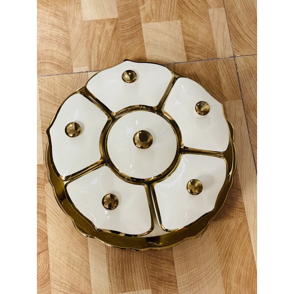 Khay mứt sứ Bắc Âu trắng viền vàng, xanh viền vàng cấp 6 ngăn tiện lợi có đế xoay 360 độ, phụ hợp ngày lễ tết gia đình
