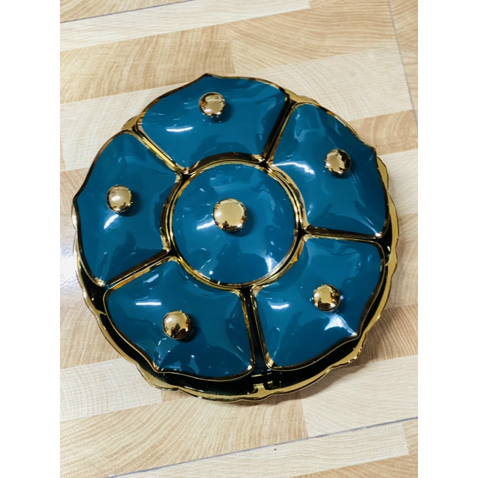 Khay mứt sứ Bắc Âu trắng viền vàng, xanh viền vàng cấp 6 ngăn tiện lợi có đế xoay 360 độ, phụ hợp ngày lễ tết gia đình