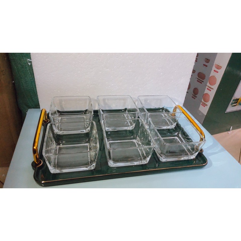 Khay đựng mứt 6 ô thuỷ tinh nắp sứ phong cách hiện đại0