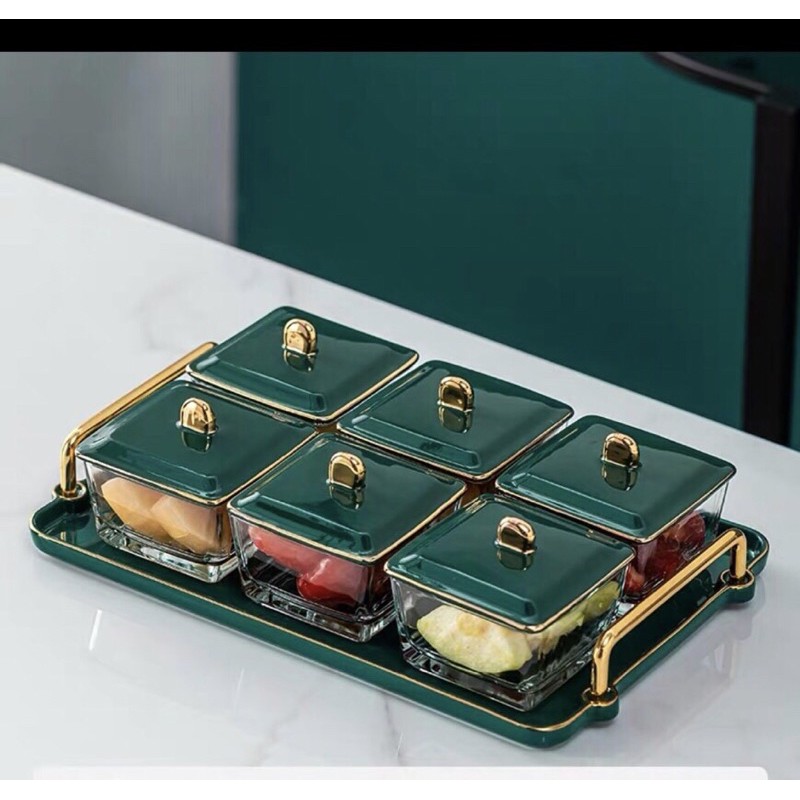 Khay đựng mứt 6 ô thuỷ tinh nắp sứ phong cách hiện đại0