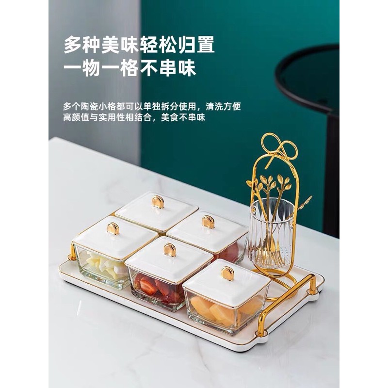 Khay đựng mứt 6 ô thuỷ tinh nắp sứ phong cách hiện đại0