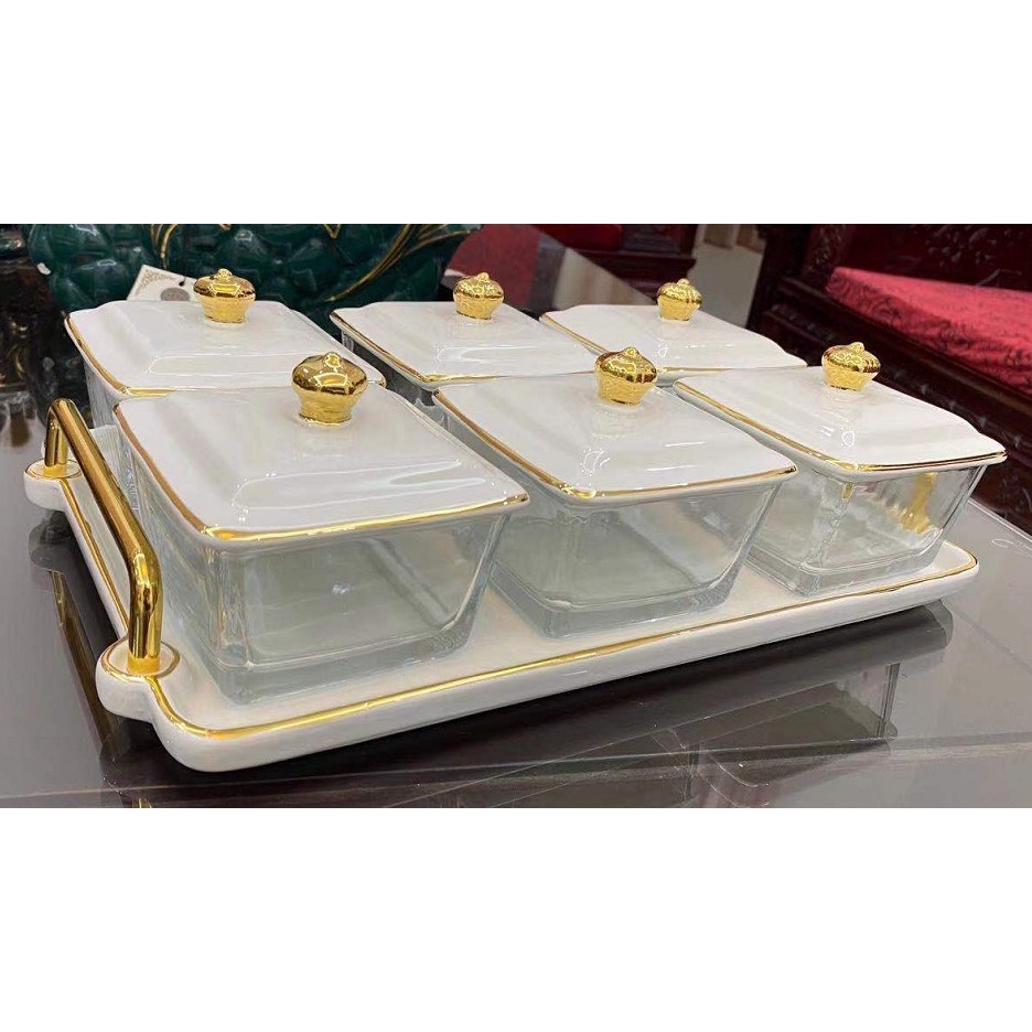 Khay đựng mứt 6 ô thuỷ tinh nắp sứ phong cách hiện đại0