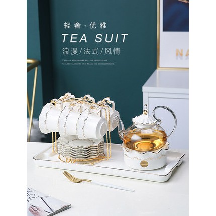 Bộ ấm trà gốm sứ  vân đá TRẮNG viền vàng tinh tế cao cấp, sang trọng.