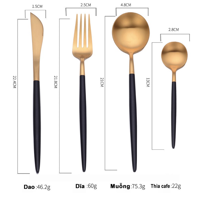 Bộ dao, dĩa, muỗng, thìa cafe set combo 4 món thép không gỉ cao cấp mạ vàng full màu, sang trọng, phong cách Châu Âu