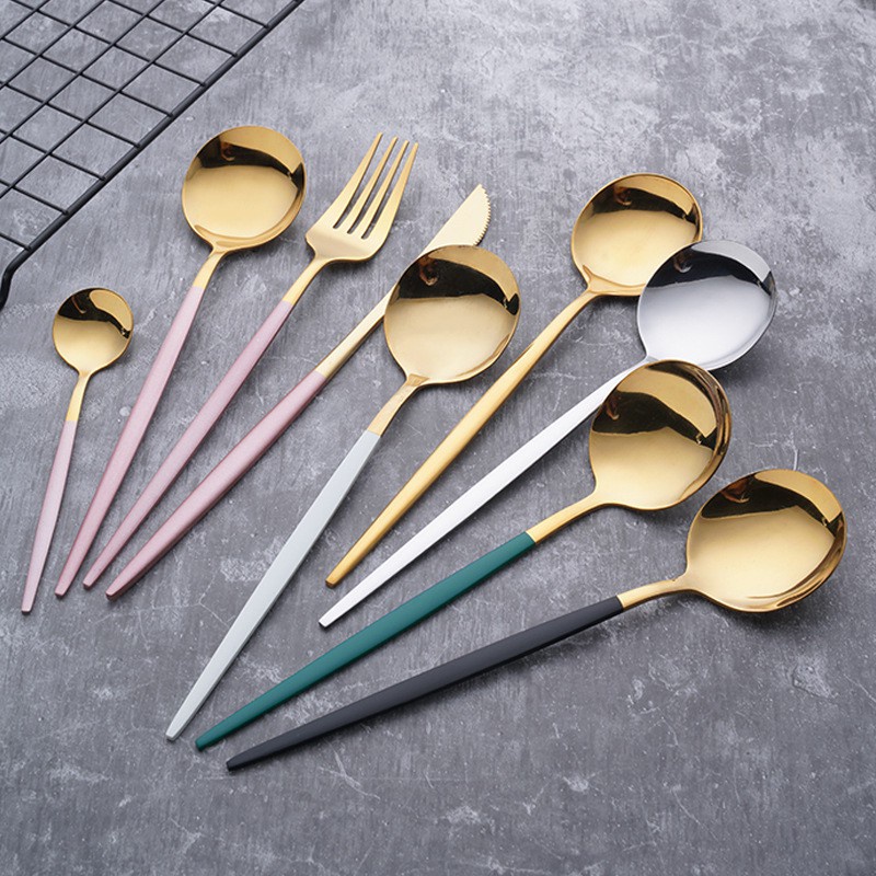 Bộ dao, dĩa, muỗng, thìa cafe set combo 4 món thép không gỉ cao cấp mạ vàng full màu, sang trọng, phong cách Châu Âu