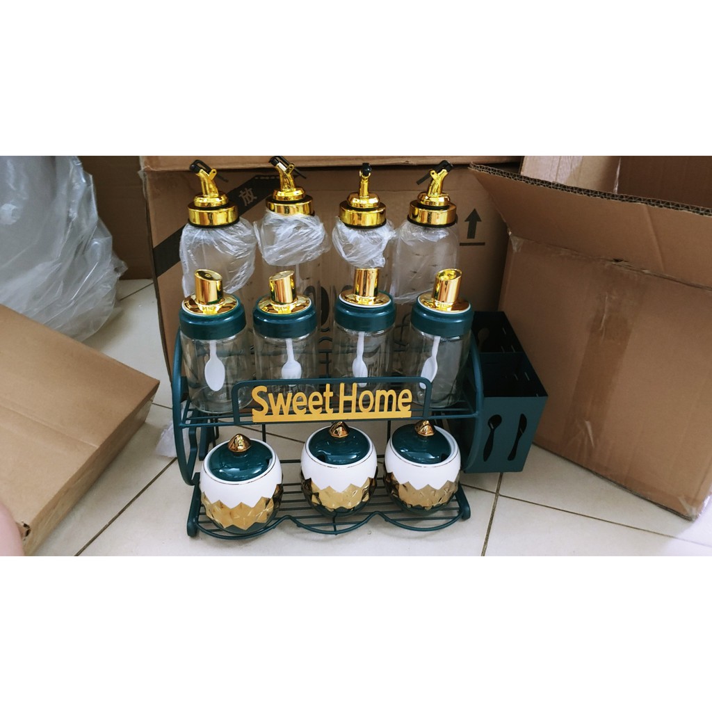 bộ hũ đựng gia vị cao cấp bằng sứ sweethome 13 món 909 ( tặng kèm 3 thìa mạ vàng)