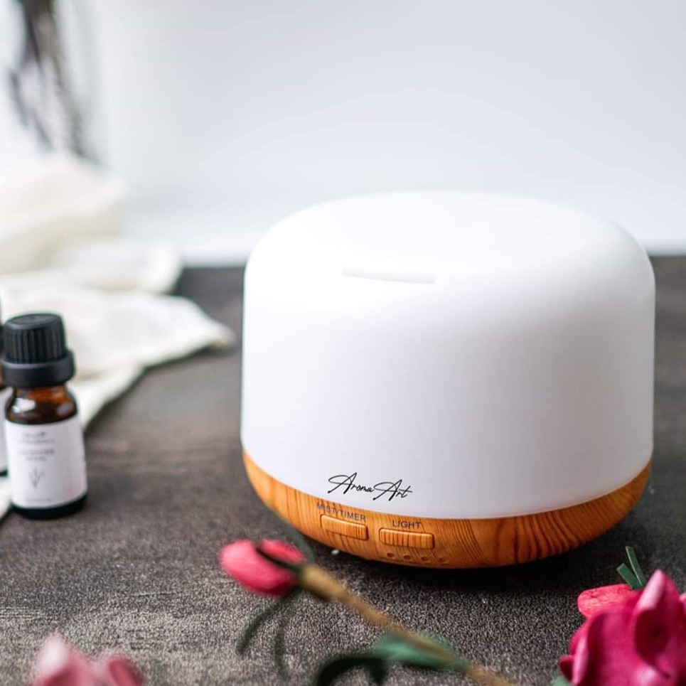 Máy Khuếch Tán Tinh Dầu Phun Sương HÌNH TRỤ TRÒN VÂN GỖ 500ML tặng kèm tinh dầu 10ml