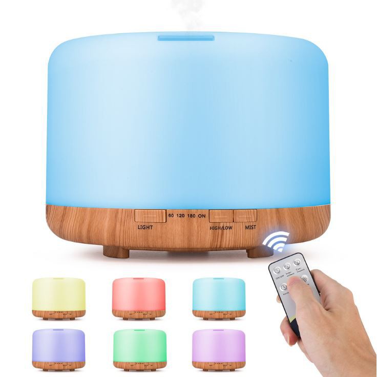 Máy Khuếch Tán Tinh Dầu Phun Sương HÌNH TRỤ TRÒN VÂN GỖ 500ML tặng kèm tinh dầu 10ml