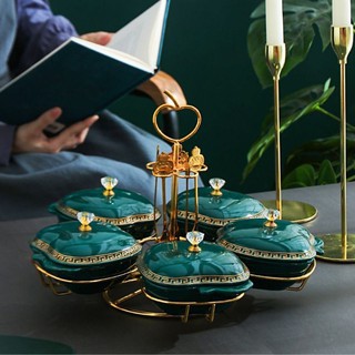 Khay mứt bánh kẹo hoa quả sứ Bắc Âu cao cấp 5 ngăn kèm dĩa.